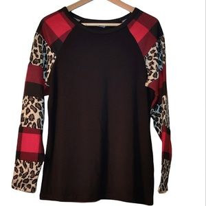 NWT Sunshine & Rodeos Buffalo Plaid Animal Leopard Print Long Sleeve Shirt Top